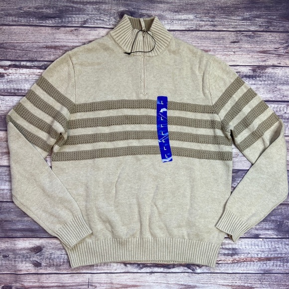 Tahari Tan Stripe Mock Neck Quarter Zip 
